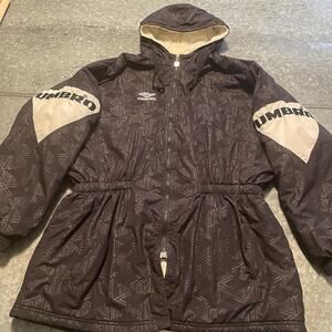 Vintage Umbro Mens Parka Large 90s Y2K AOP Logo Soccer Puffer Coat Jacket Black